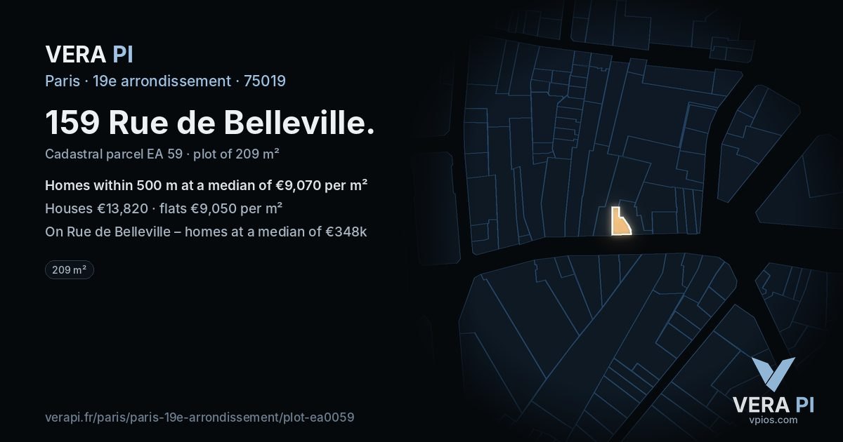 159 Rue de Belleville, 19e arrondissement at night – the plot lit, the parcels around coloured by the prices near them