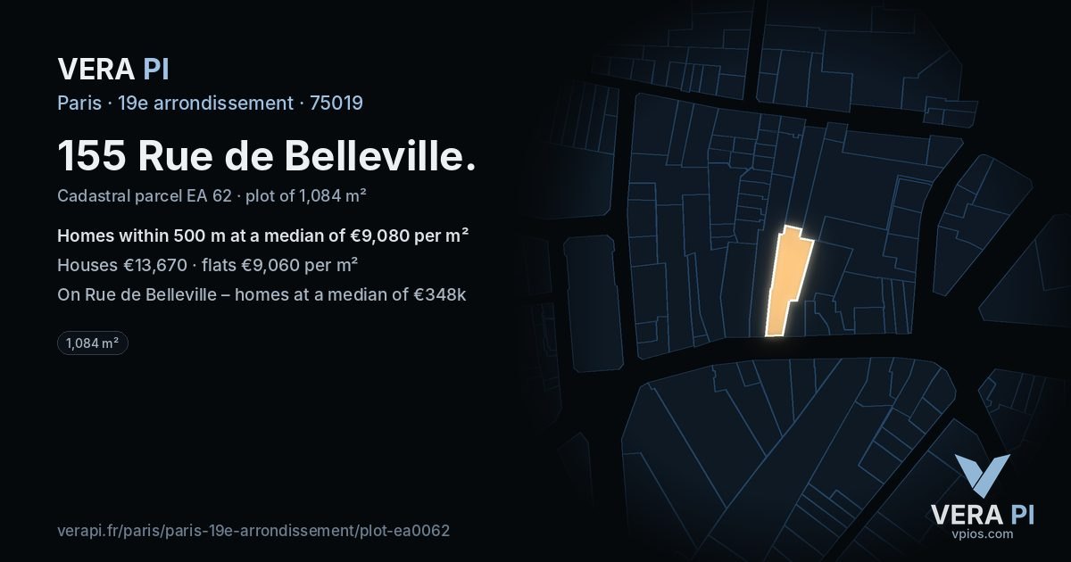 155 Rue de Belleville, 19e arrondissement at night – the plot lit, the parcels around coloured by the prices near them