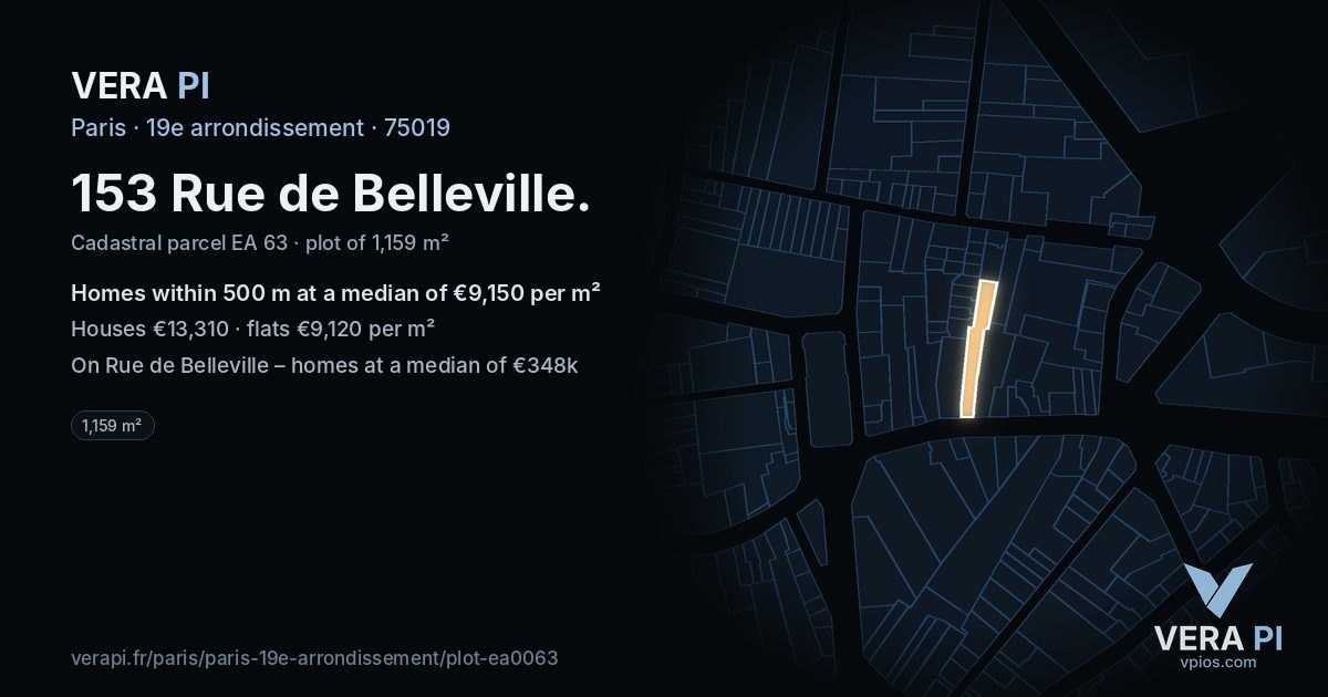 153 Rue de Belleville, 19e arrondissement at night – the plot lit, the parcels around coloured by the prices near them