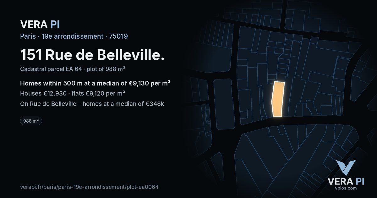 151 Rue de Belleville, 19e arrondissement at night – the plot lit, the parcels around coloured by the prices near them