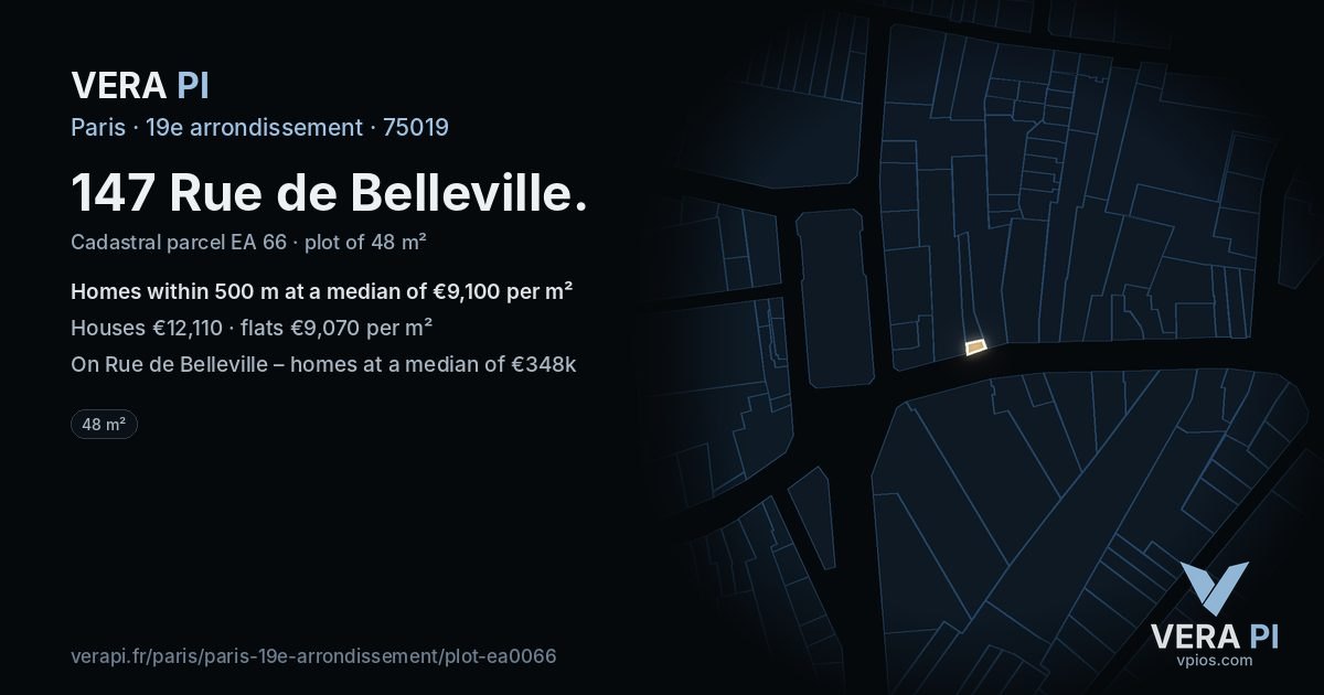 147 Rue de Belleville, 19e arrondissement at night – the plot lit, the parcels around coloured by the prices near them