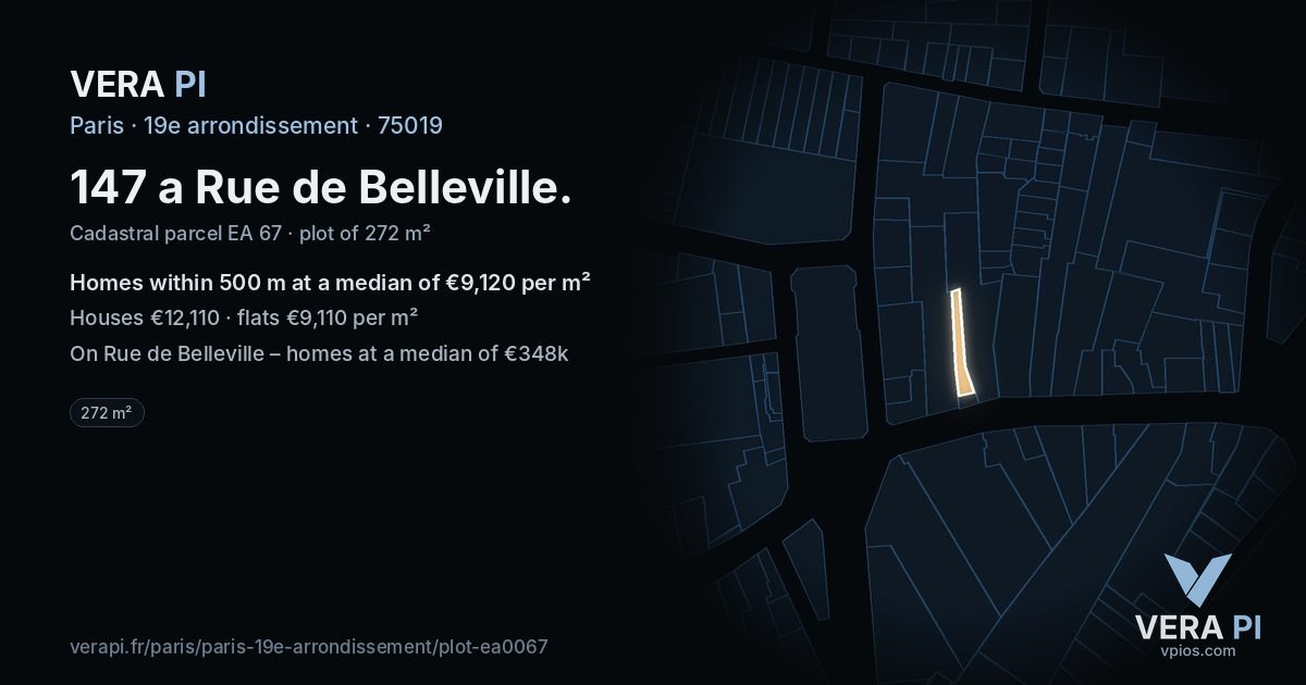 147 a Rue de Belleville, 19e arrondissement at night – the plot lit, the parcels around coloured by the prices near them