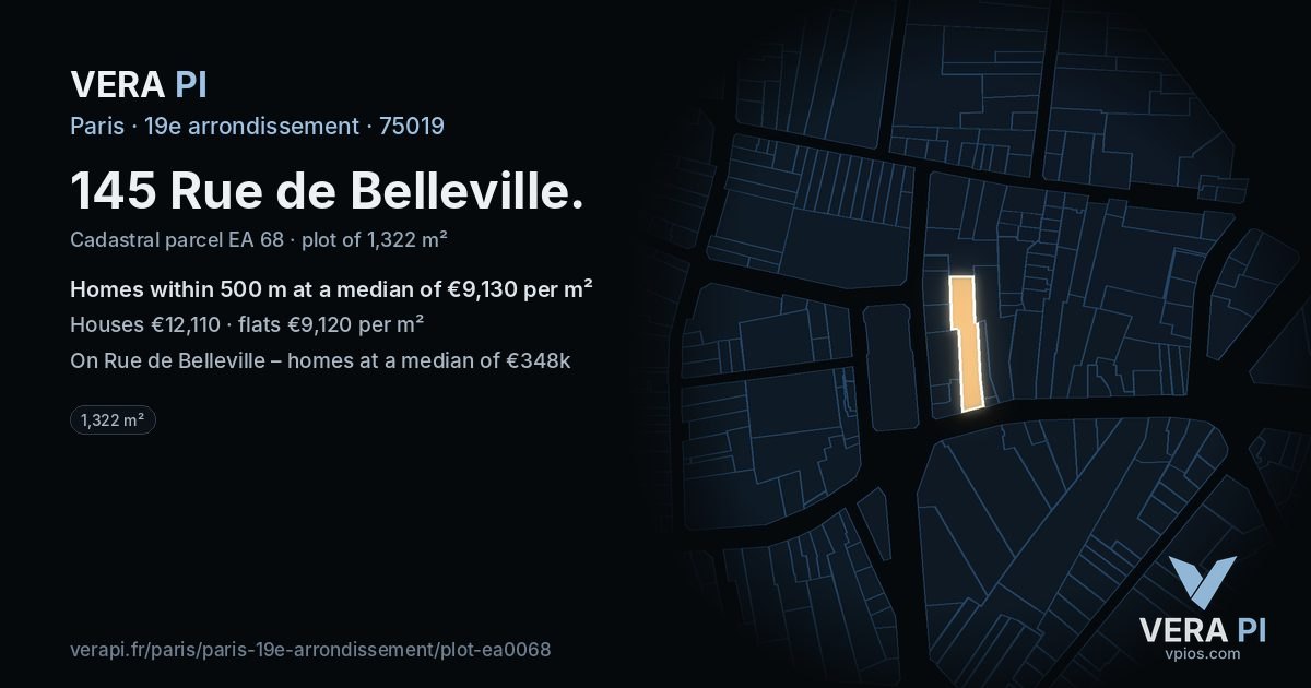 145 Rue de Belleville, 19e arrondissement at night – the plot lit, the parcels around coloured by the prices near them