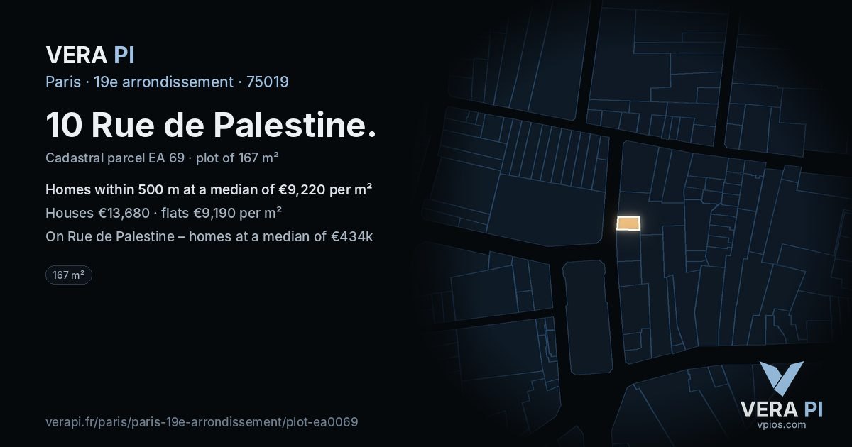 10 Rue de Palestine, 19e arrondissement at night – the plot lit, the parcels around coloured by the prices near them