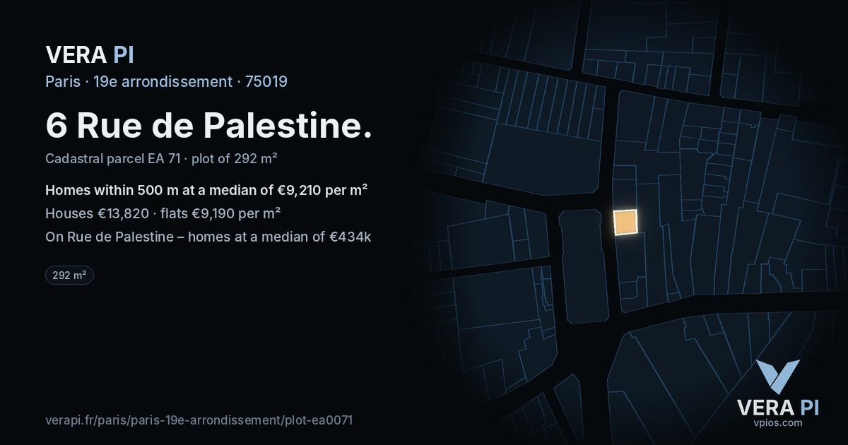 6 Rue de Palestine, 19e arrondissement at night – the plot lit, the parcels around coloured by the prices near them