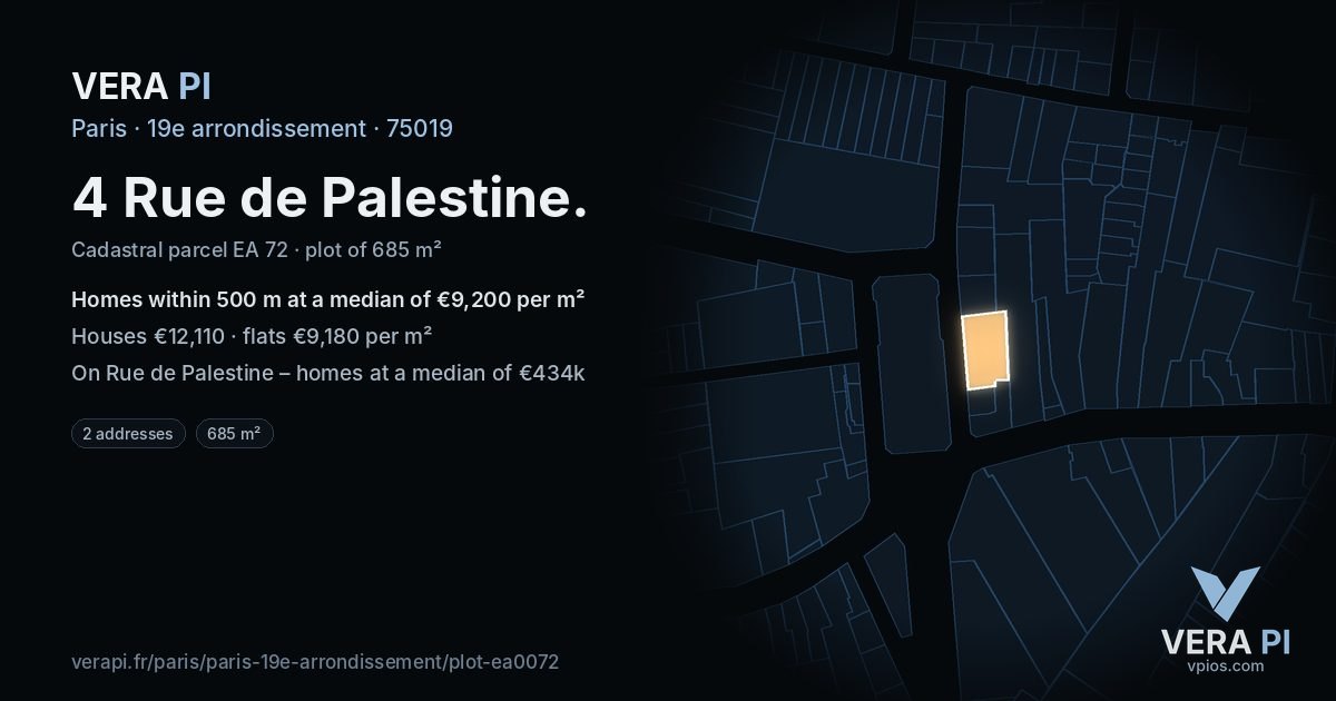 4 Rue de Palestine, 19e arrondissement at night – the plot lit, the parcels around coloured by the prices near them