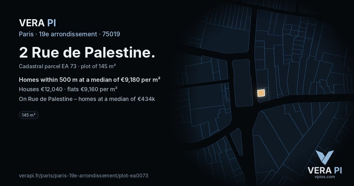 2 Rue de Palestine, 19e arrondissement at night – the plot lit, the parcels around coloured by the prices near them