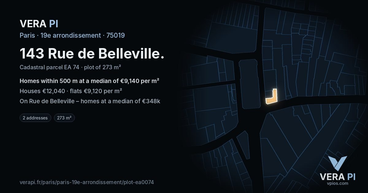 143 Rue de Belleville, 19e arrondissement at night – the plot lit, the parcels around coloured by the prices near them