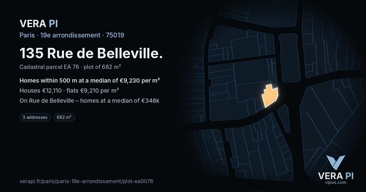 135 Rue de Belleville, 19e arrondissement at night – the plot lit, the parcels around coloured by the prices near them