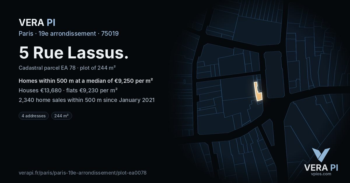 5 Rue Lassus, 19e arrondissement at night – the plot lit, the parcels around coloured by the prices near them