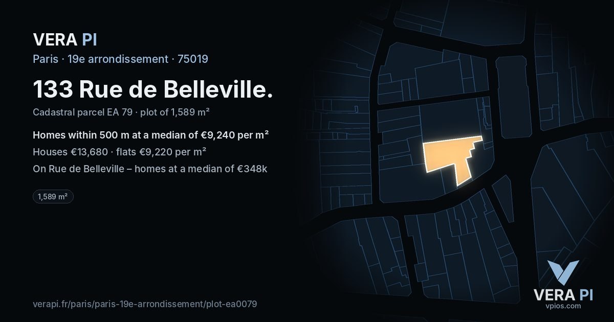 133 Rue de Belleville, 19e arrondissement at night – the plot lit, the parcels around coloured by the prices near them