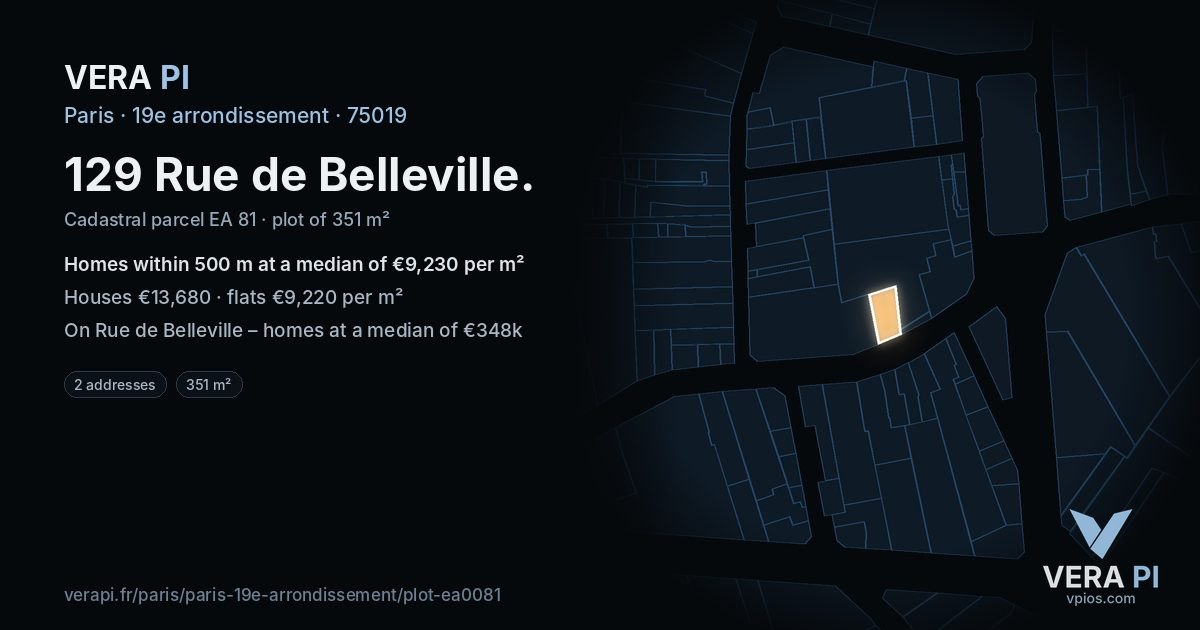 129 Rue de Belleville, 19e arrondissement at night – the plot lit, the parcels around coloured by the prices near them
