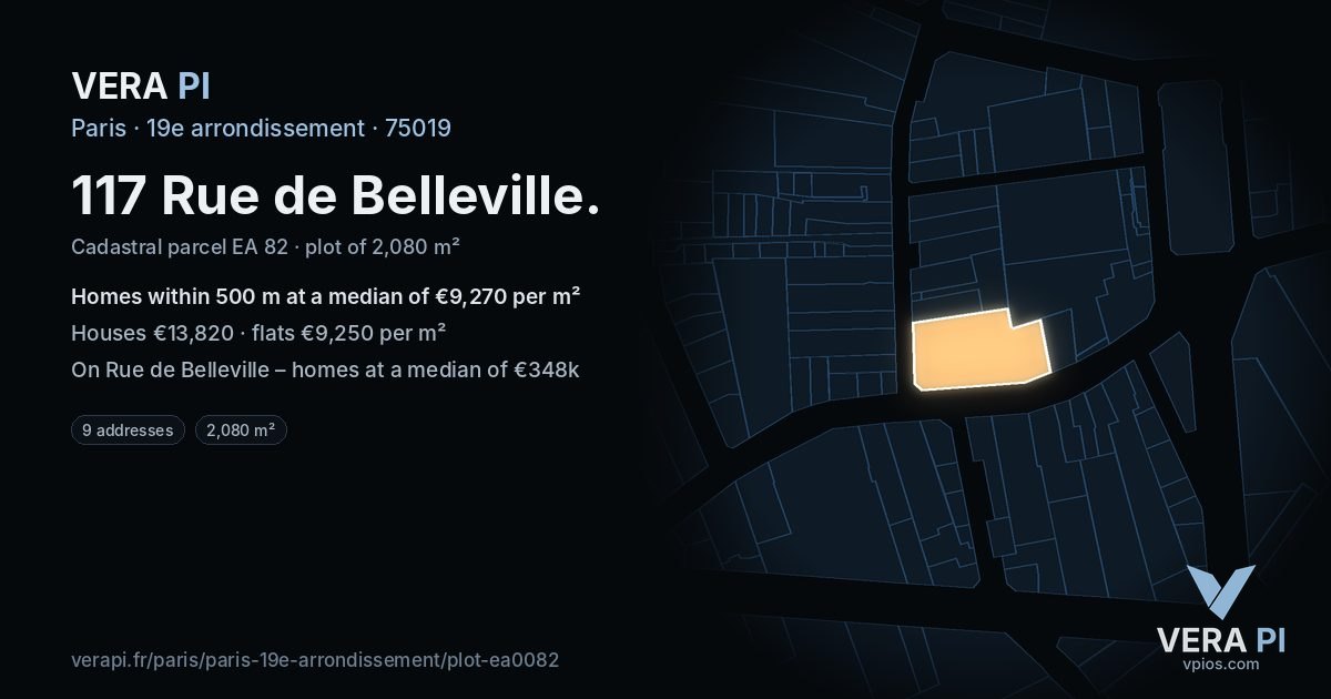 117 Rue de Belleville, 19e arrondissement at night – the plot lit, the parcels around coloured by the prices near them
