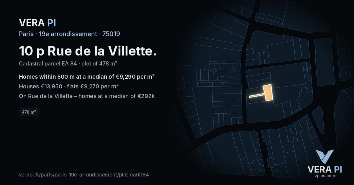 10 p Rue de la Villette, 19e arrondissement at night – the plot lit, the parcels around coloured by the prices near them