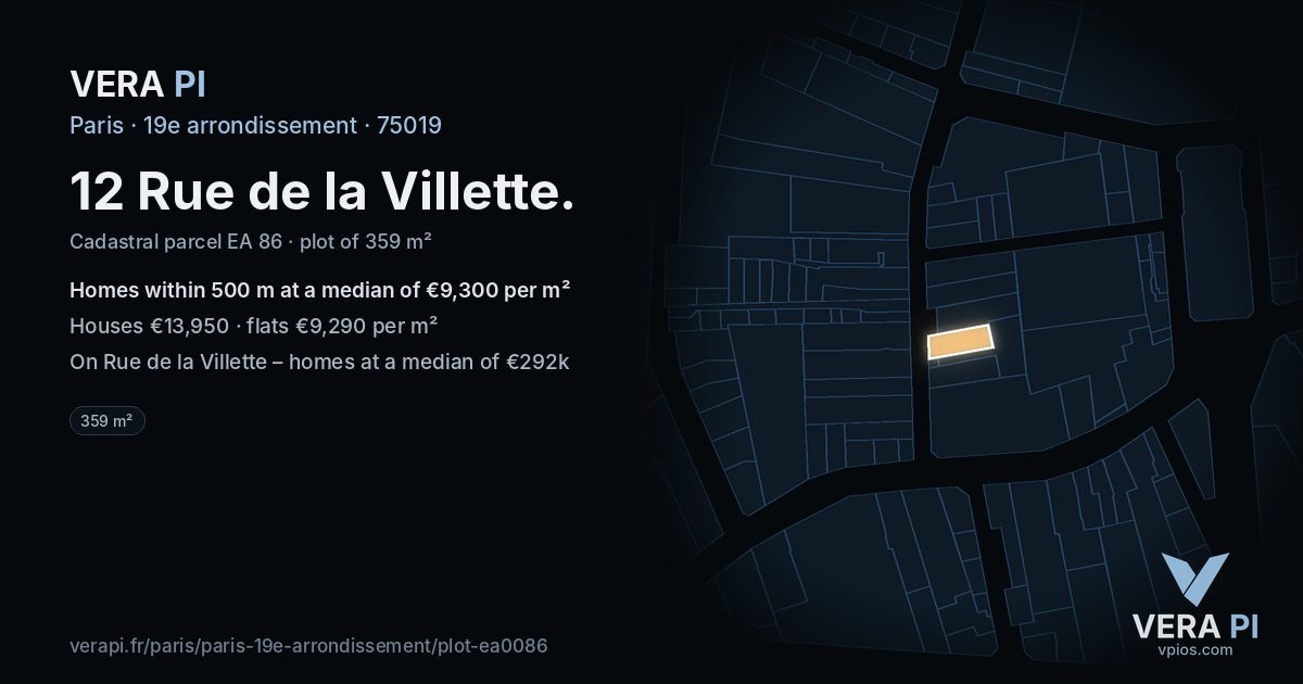 12 Rue de la Villette, 19e arrondissement at night – the plot lit, the parcels around coloured by the prices near them