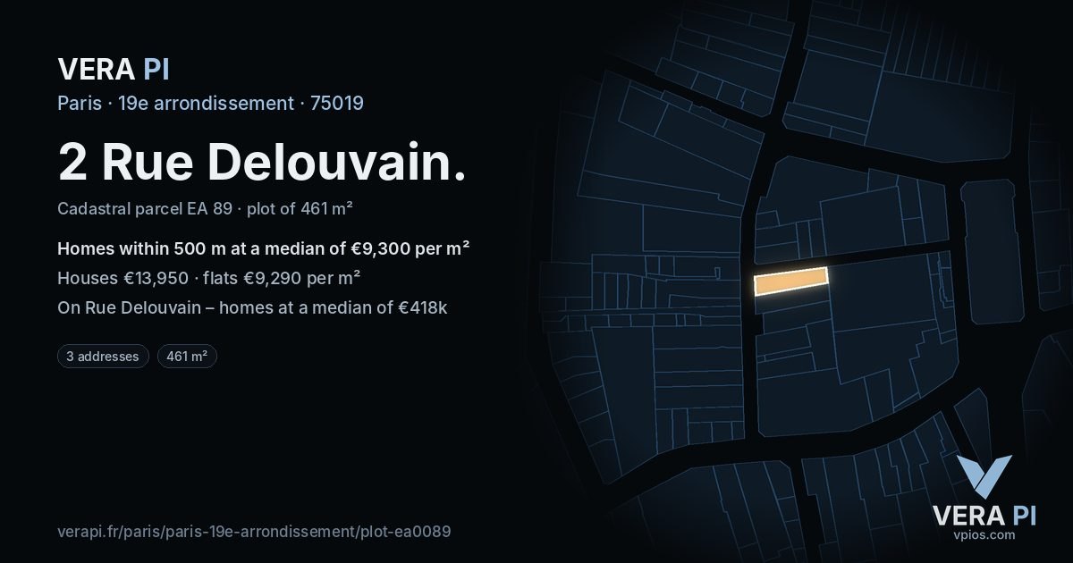 2 Rue Delouvain, 19e arrondissement at night – the plot lit, the parcels around coloured by the prices near them