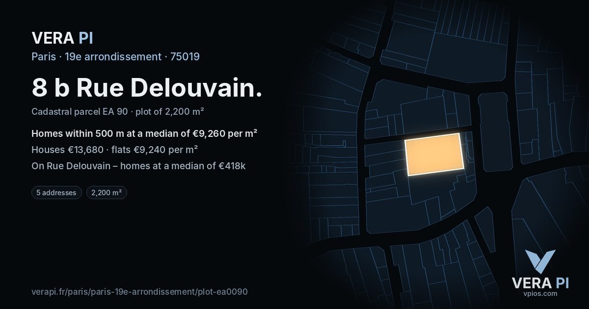8 b Rue Delouvain, 19e arrondissement at night – the plot lit, the parcels around coloured by the prices near them