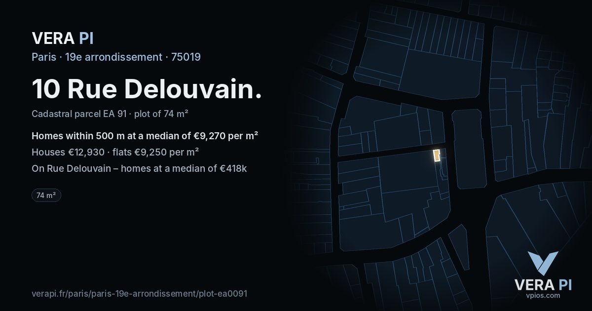 10 Rue Delouvain, 19e arrondissement at night – the plot lit, the parcels around coloured by the prices near them