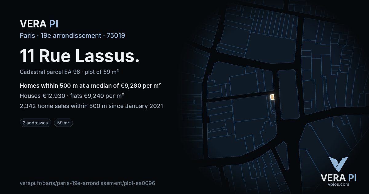 11 Rue Lassus, 19e arrondissement at night – the plot lit, the parcels around coloured by the prices near them