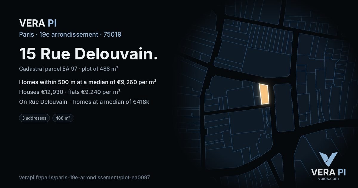 15 Rue Delouvain, 19e arrondissement at night – the plot lit, the parcels around coloured by the prices near them