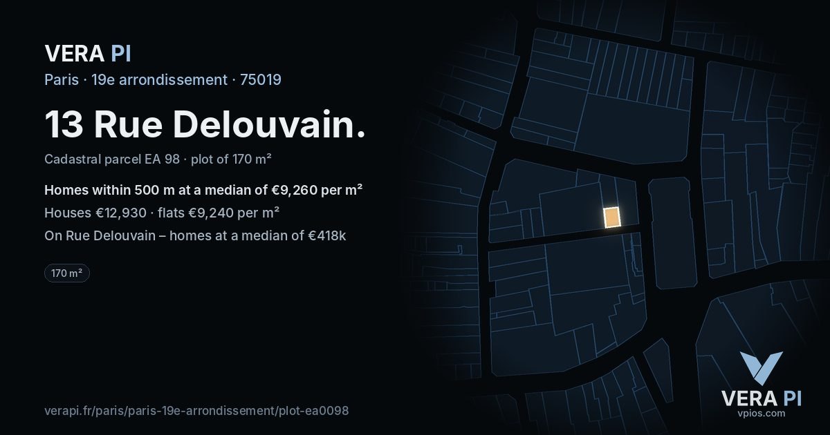 13 Rue Delouvain, 19e arrondissement at night – the plot lit, the parcels around coloured by the prices near them