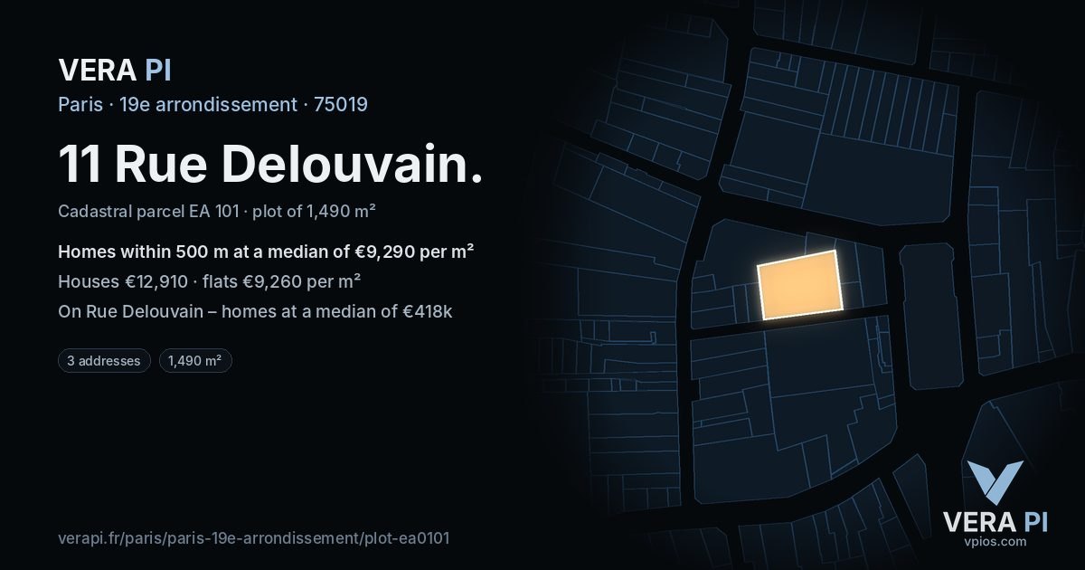11 Rue Delouvain, 19e arrondissement at night – the plot lit, the parcels around coloured by the prices near them