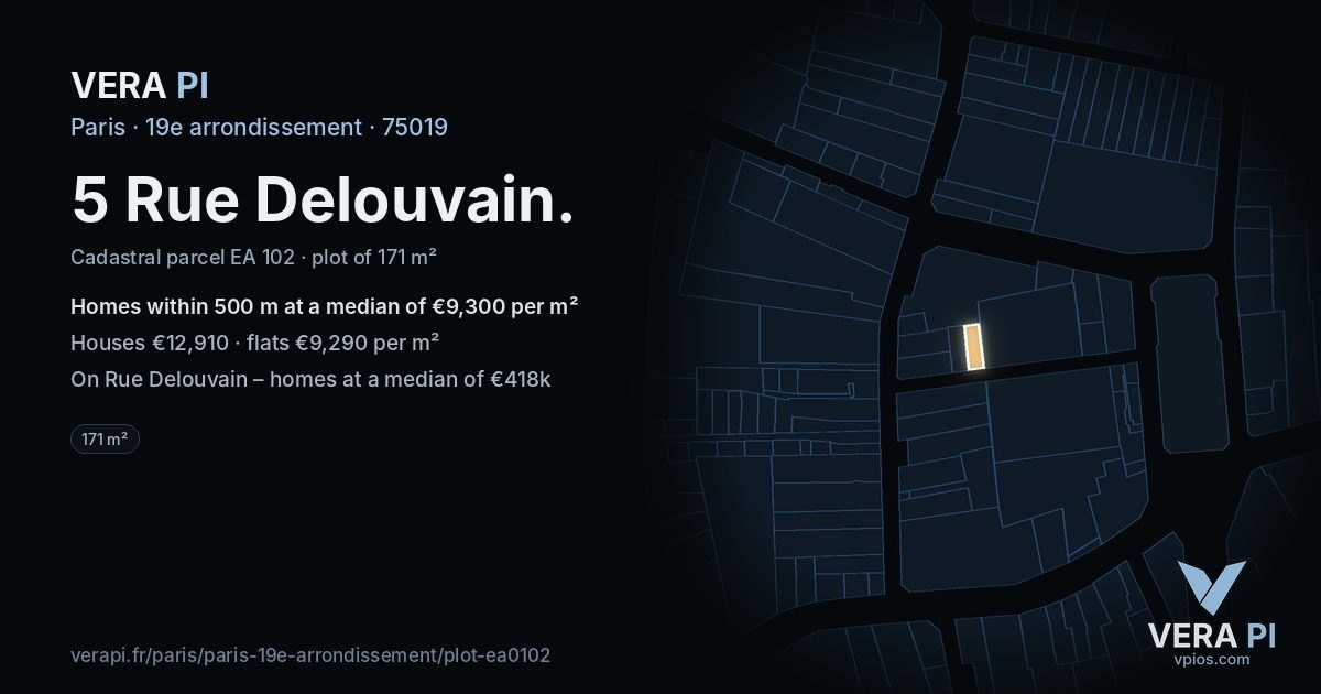 5 Rue Delouvain, 19e arrondissement at night – the plot lit, the parcels around coloured by the prices near them