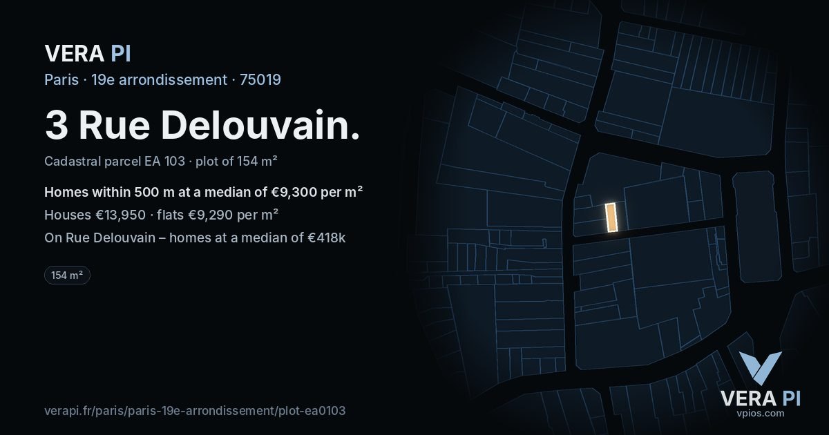 3 Rue Delouvain, 19e arrondissement at night – the plot lit, the parcels around coloured by the prices near them