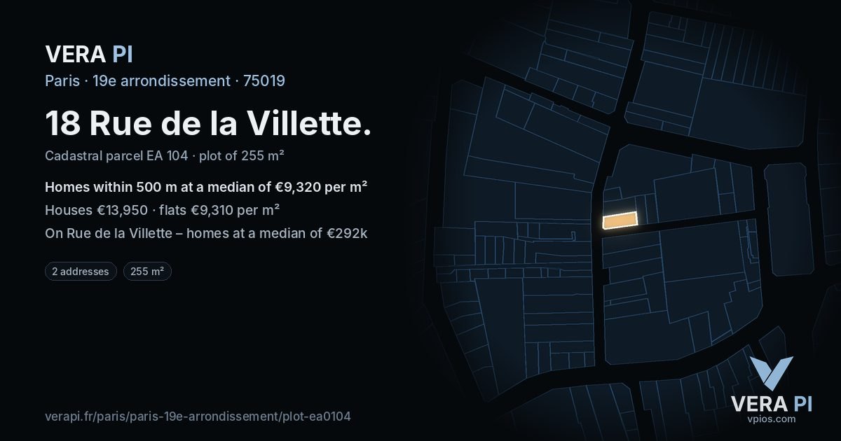 18 Rue de la Villette, 19e arrondissement at night – the plot lit, the parcels around coloured by the prices near them
