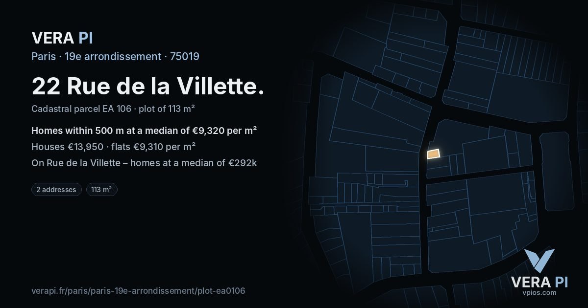 22 Rue de la Villette, 19e arrondissement at night – the plot lit, the parcels around coloured by the prices near them