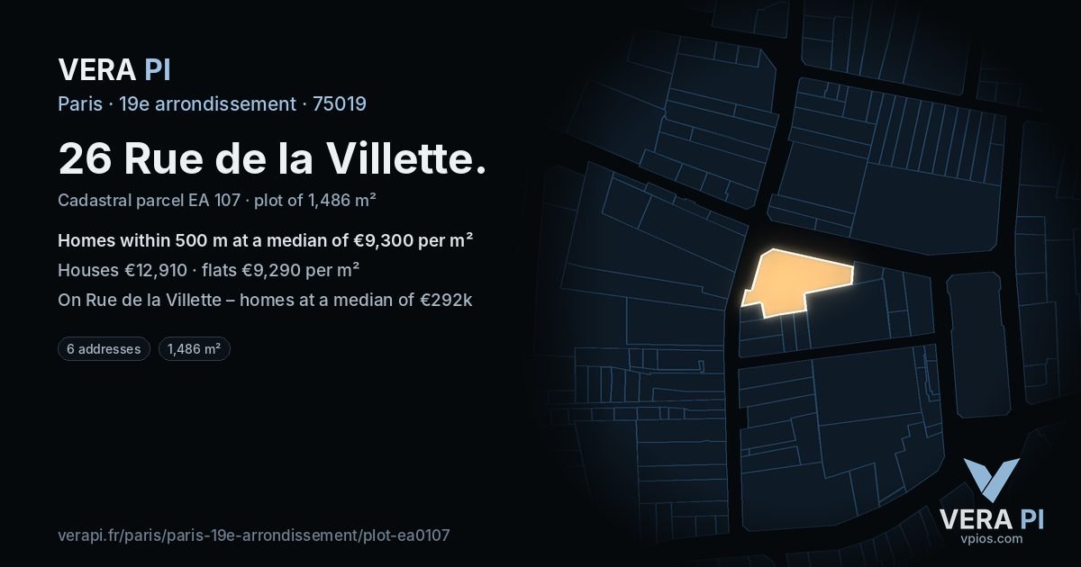 26 Rue de la Villette, 19e arrondissement at night – the plot lit, the parcels around coloured by the prices near them