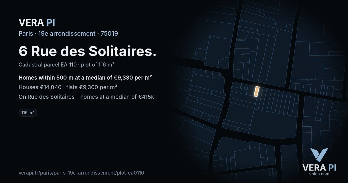 6 Rue des Solitaires, 19e arrondissement at night – the plot lit, the parcels around coloured by the prices near them