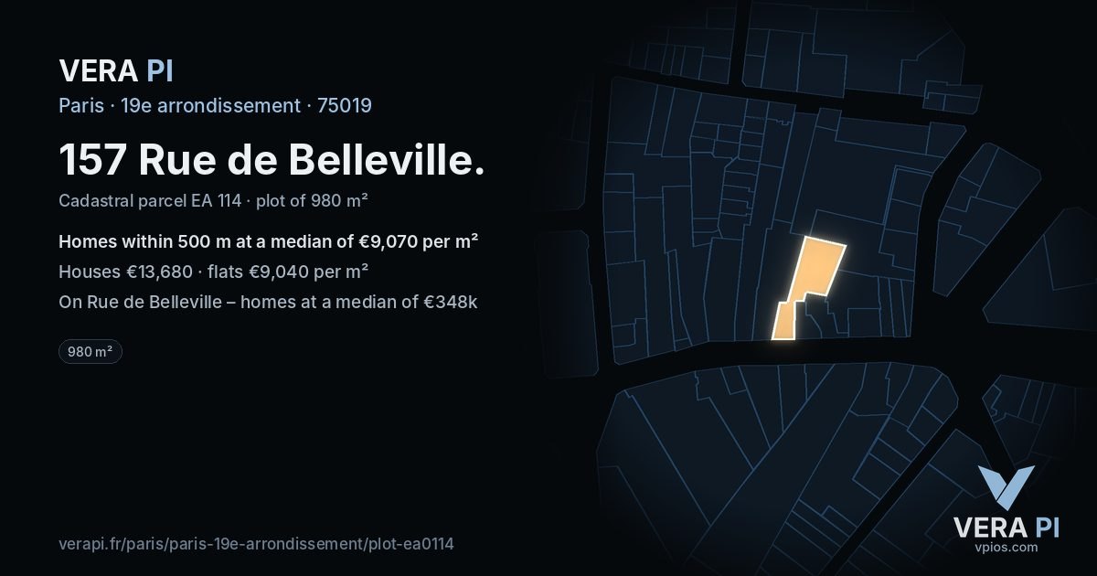 157 Rue de Belleville, 19e arrondissement at night – the plot lit, the parcels around coloured by the prices near them
