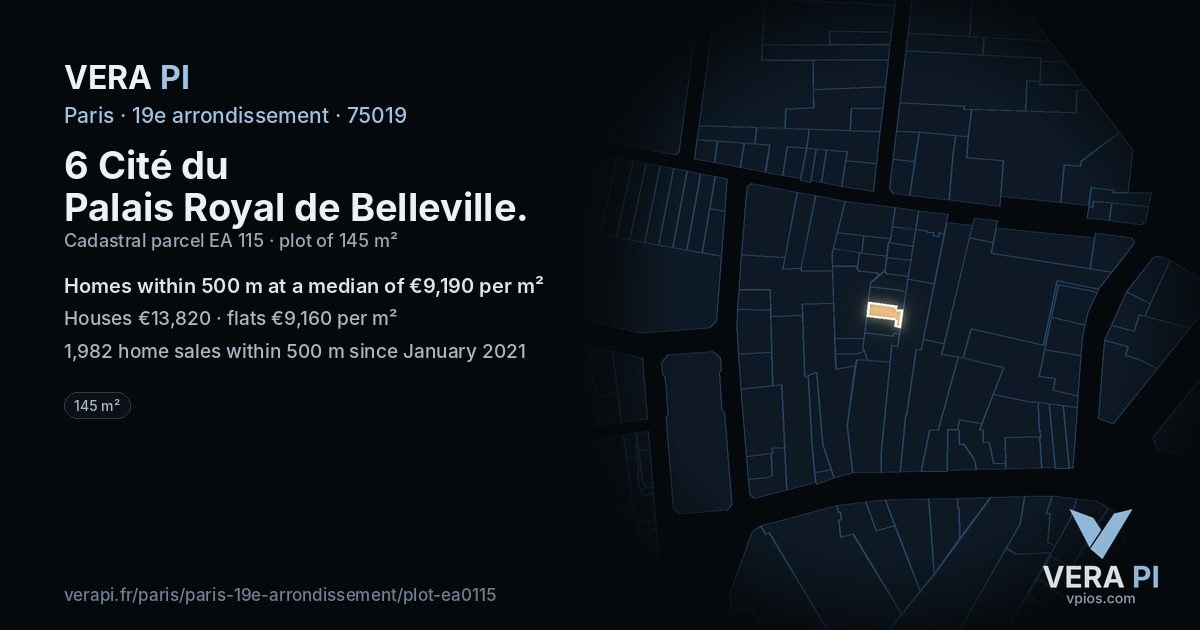 6 Cité du Palais Royal de Belleville, 19e arrondissement at night – the plot lit, the parcels around coloured by the prices near them