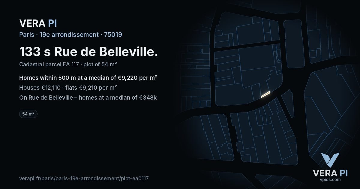 133 s Rue de Belleville, 19e arrondissement at night – the plot lit, the parcels around coloured by the prices near them
