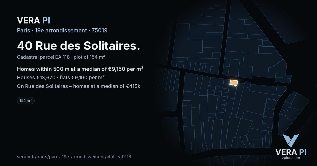 40 Rue des Solitaires, 19e arrondissement at night – the plot lit, the parcels around coloured by the prices near them