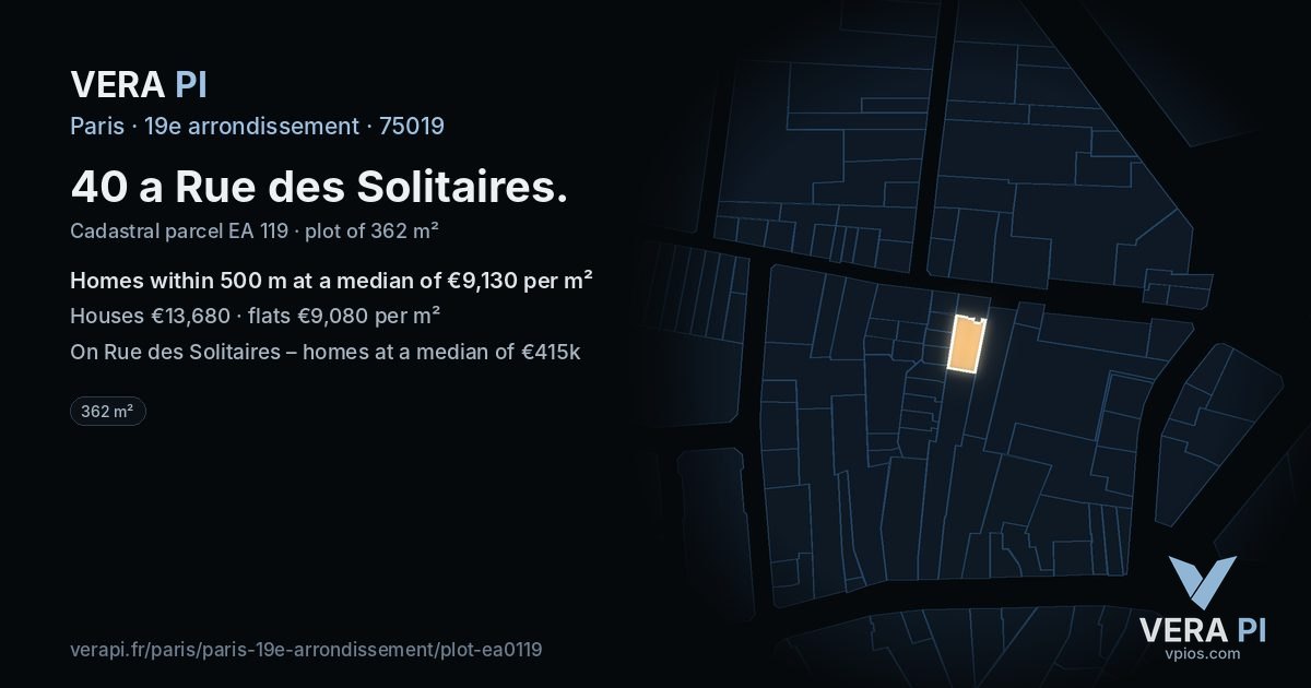 40 a Rue des Solitaires, 19e arrondissement at night – the plot lit, the parcels around coloured by the prices near them