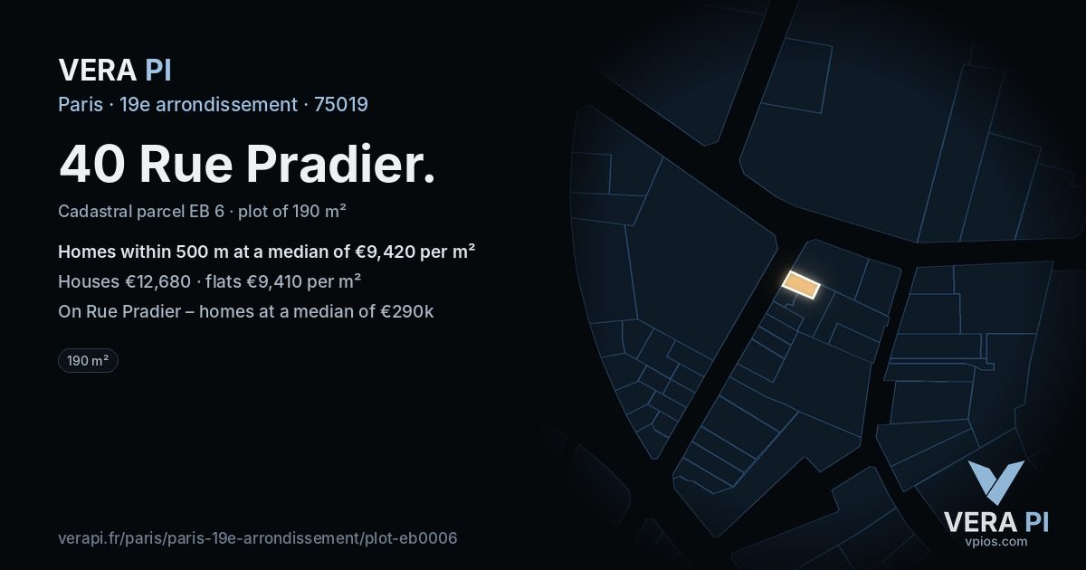 40 Rue Pradier, 19e arrondissement at night – the plot lit, the parcels around coloured by the prices near them