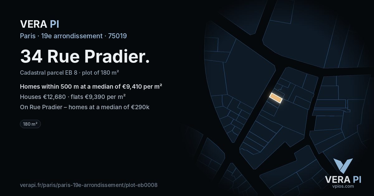34 Rue Pradier, 19e arrondissement at night – the plot lit, the parcels around coloured by the prices near them