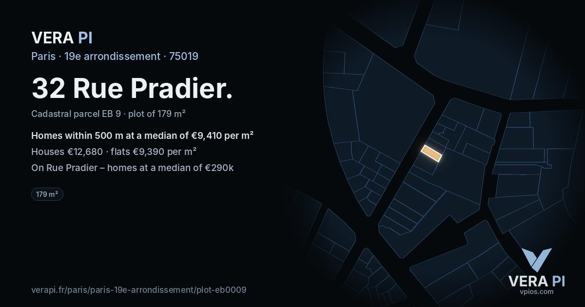 32 Rue Pradier, 19e arrondissement at night – the plot lit, the parcels around coloured by the prices near them