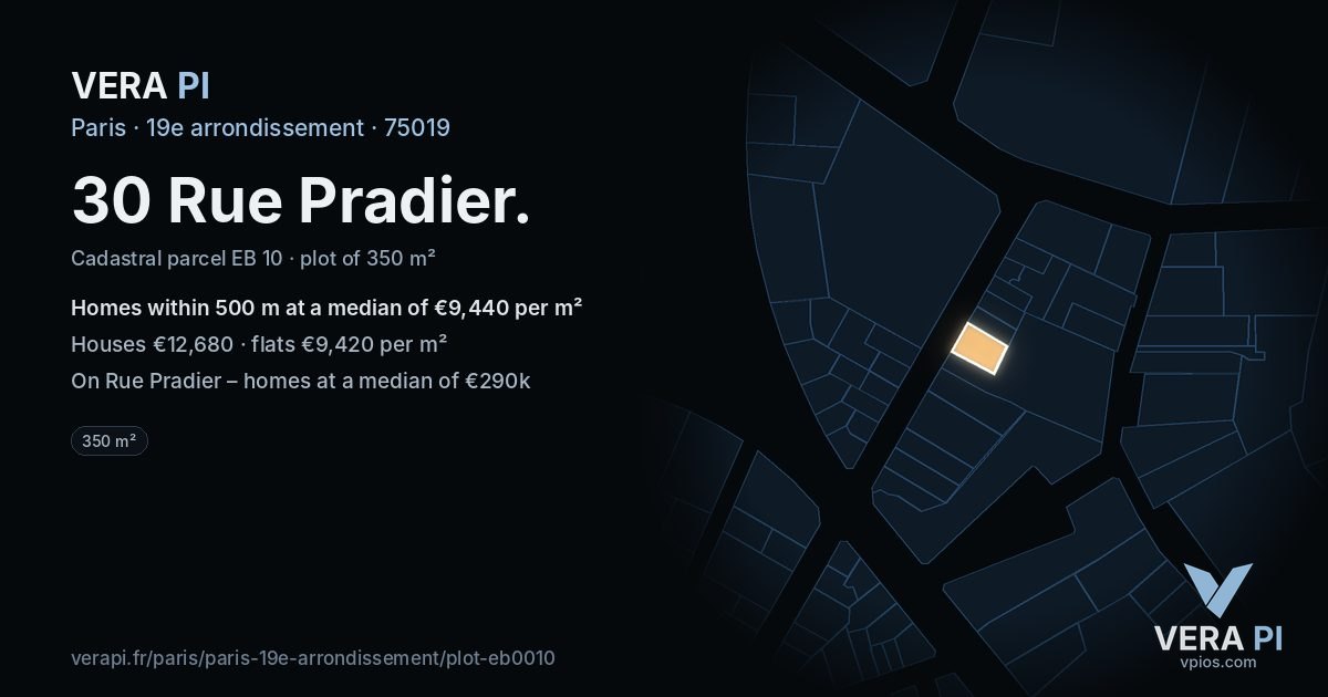 30 Rue Pradier, 19e arrondissement at night – the plot lit, the parcels around coloured by the prices near them