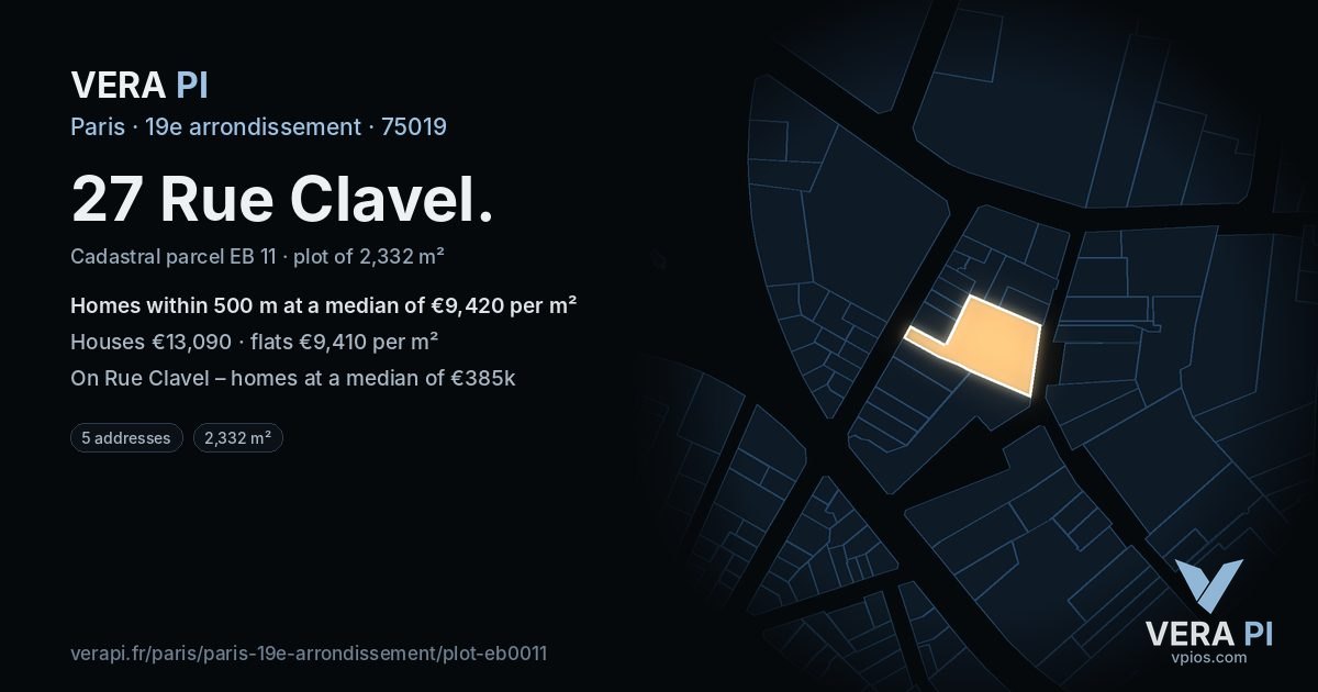 27 Rue Clavel, 19e arrondissement at night – the plot lit, the parcels around coloured by the prices near them