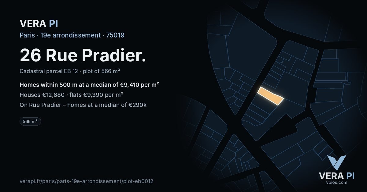 26 Rue Pradier, 19e arrondissement at night – the plot lit, the parcels around coloured by the prices near them