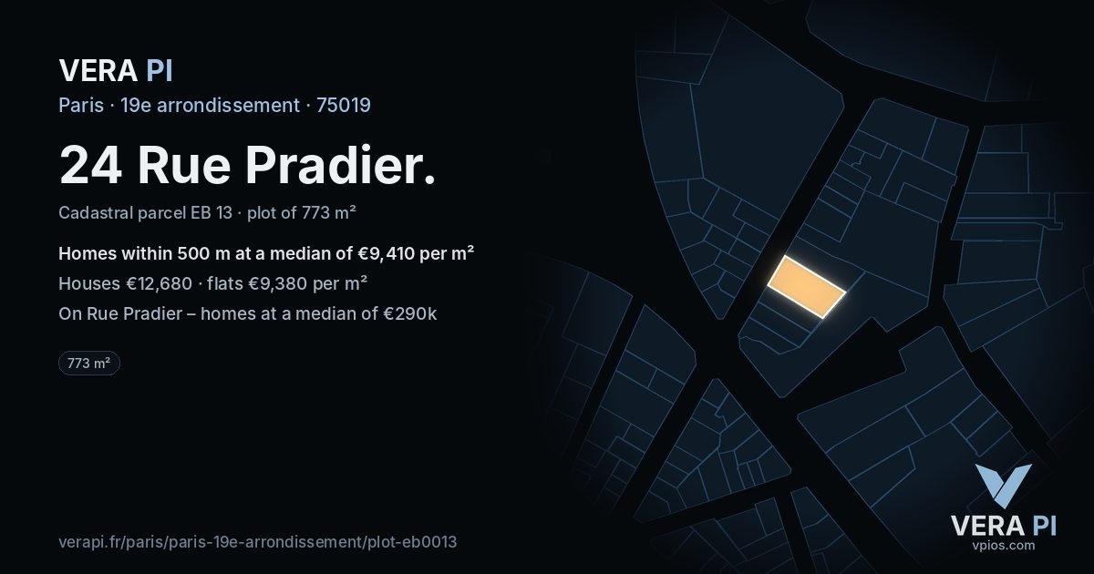 24 Rue Pradier, 19e arrondissement at night – the plot lit, the parcels around coloured by the prices near them