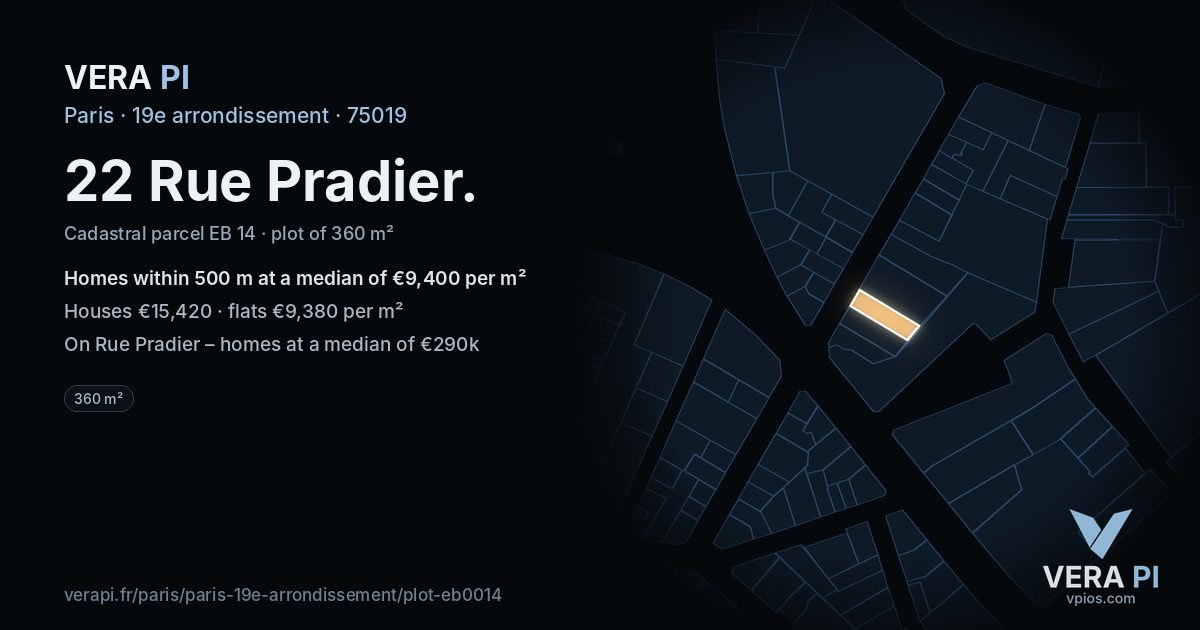 22 Rue Pradier, 19e arrondissement at night – the plot lit, the parcels around coloured by the prices near them