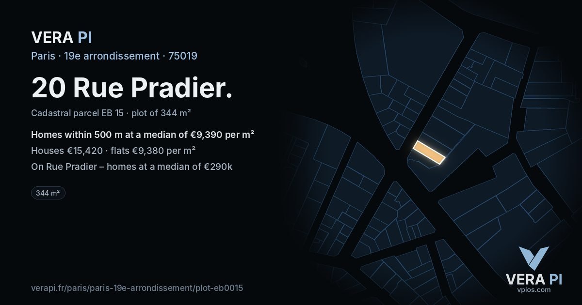 20 Rue Pradier, 19e arrondissement at night – the plot lit, the parcels around coloured by the prices near them