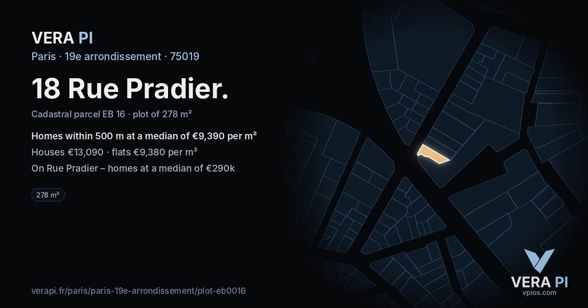 18 Rue Pradier, 19e arrondissement at night – the plot lit, the parcels around coloured by the prices near them