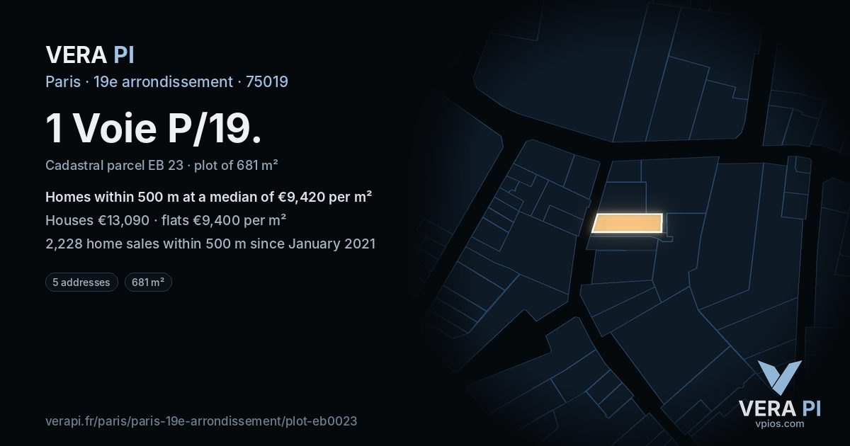 1 Voie P/19, 19e arrondissement at night – the plot lit, the parcels around coloured by the prices near them