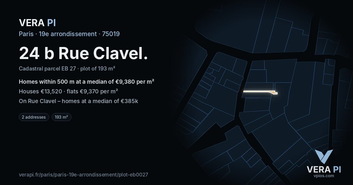 24 b Rue Clavel, 19e arrondissement at night – the plot lit, the parcels around coloured by the prices near them