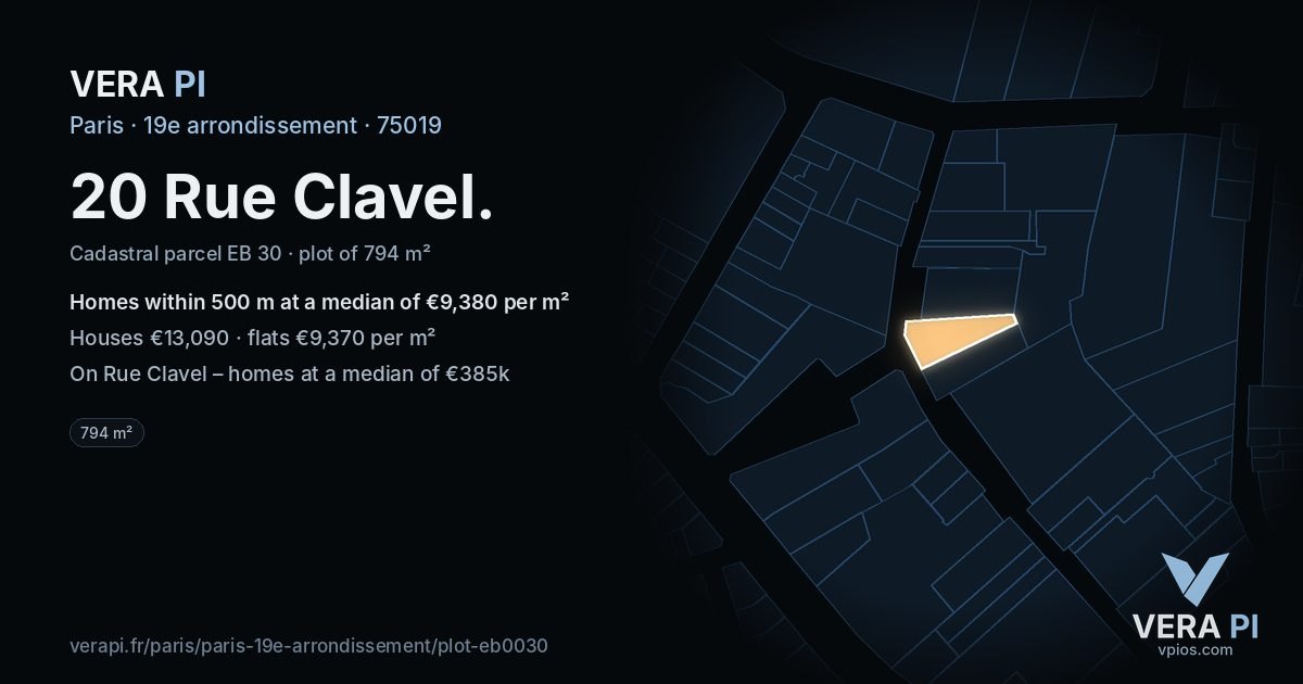 20 Rue Clavel, 19e arrondissement at night – the plot lit, the parcels around coloured by the prices near them